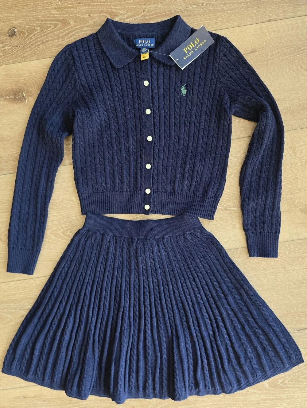 Polo Ralph Lauren Girls Navy Cable Knit Cardigan Pleated Skirt Set Size 7 Small